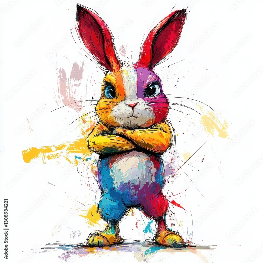 Fototapeta premium A colorful, stylized rabbit stands confidently with arms crossed, showcasing a vibrant artistic design and a playful yet assertive demeanor.