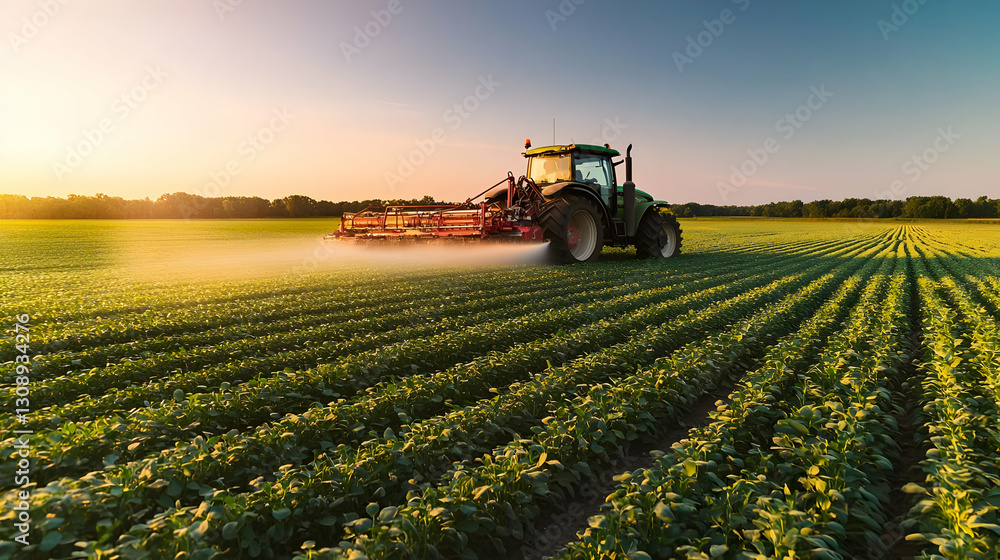 Fototapeta premium Tractor Spraying Crops In A Green Field At Sunset With Golden Light