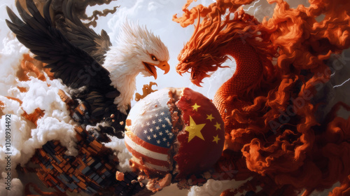 U.S.-China trade war. A fierce bald eagle and a fiery Chinese dragon clash over a cracked globe, divided into the flags of the United States and China. Global economic tensions, geopolitical rivalry