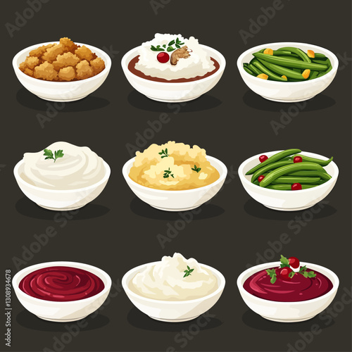 Bowls of Holiday Dinner Staples: Stuffing, Mashed Potatoes, Green Beans
