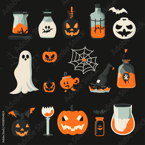 Halloween icons: pumpkins, ghost, potion bottles, bat, and witch hat.