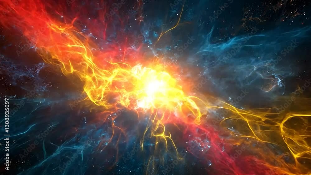 Fiery cosmic explosion with blue and orange plasma colliding in space.