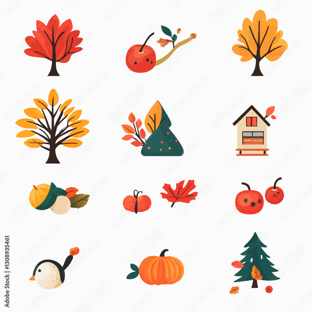 Autumnal Icons Featuring Trees, Pumpkins, Fruits, and a Whimsical Bird Autumnal Icons Featuring Trees, Pumpkins, Fruits, and a Whimsical Bird