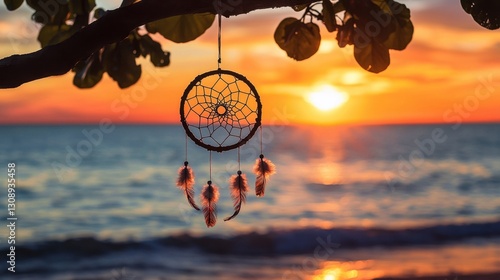 A dreamcatcher hangs from a tree branch over the ocean photo