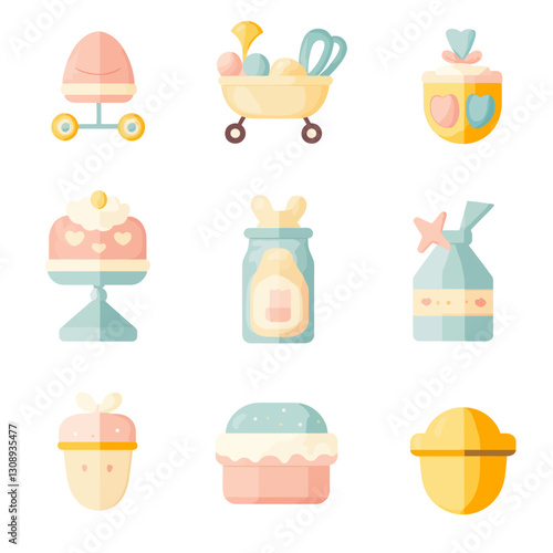 Pastel Baby Care Icons: Stroller, Bathtub, Cream, Bottle, Powder