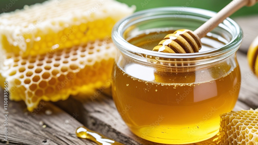 Golden Honey Jar with Honeycomb and Dipper on Rustic Wooden Table. Generative AI Golden Honey Jar with Honeycomb and Dipper on Rustic Wooden Table. Generative AI