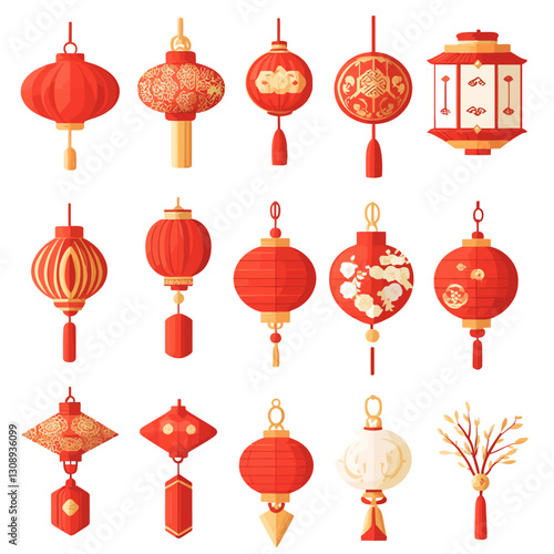 Collection of Decorative Red and Gold Chinese New Year Lanterns