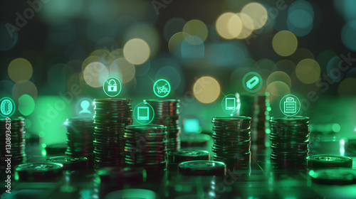 Digital financial growth concept with stacked coins and green eco-friendly economy icons