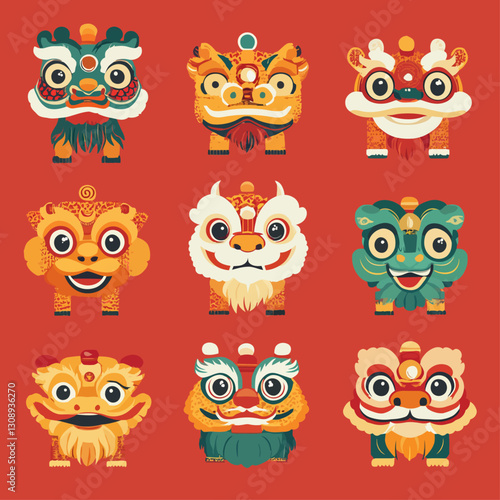 Wallpaper Mural Colorful Chinese Lion Dance Heads Illustration for Lunar New Year Torontodigital.ca