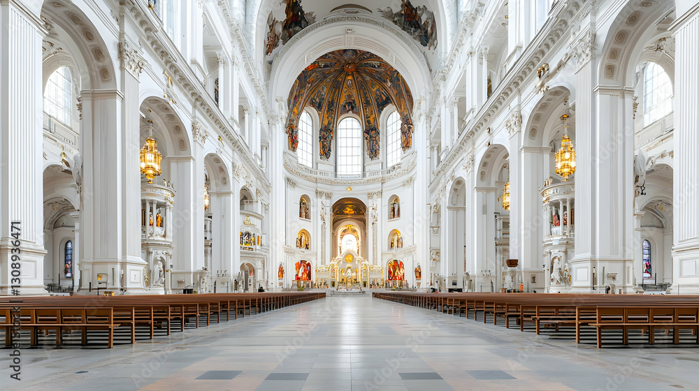 Fototapeta premium Grand interior of a historic church with white columns arches and ornate ceiling details