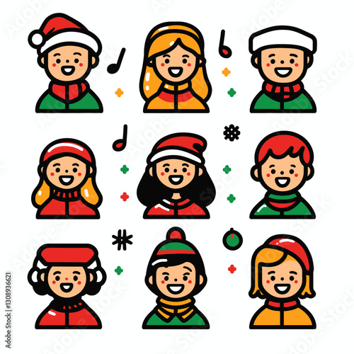 Diverse Children Singing Christmas Carols, Festive Holiday Vector Icons