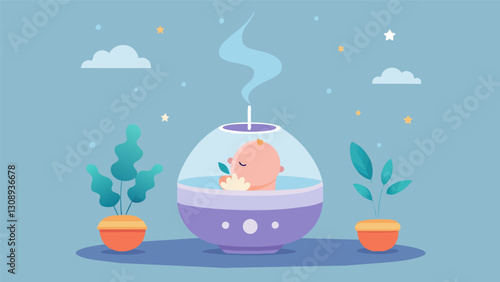The nurserys smart scent diffuser gently released a calming essential oil blend into the air creating a peaceful and relaxing atmosphere for the baby. Vector illustration
