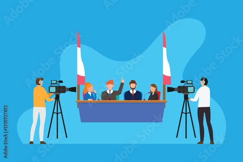 Live Political Debate Broadcast with Camera Crew and Panelists 2d flat vector illustrations