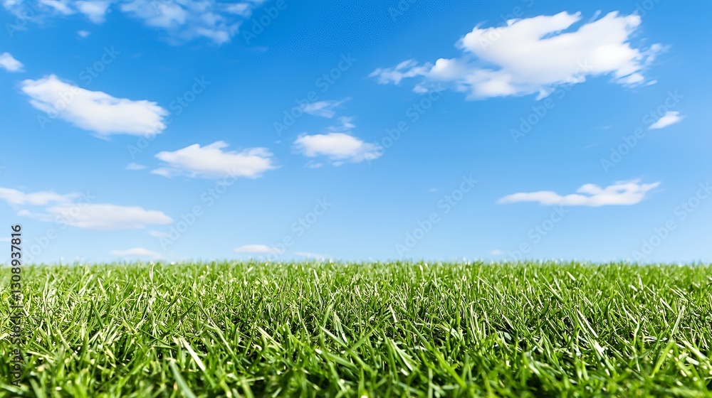 Vibrant Green Grass Field Under a Blue Sky with Fluffy Clouds Vibrant Green Grass Field Under a Blue Sky with Fluffy Clouds