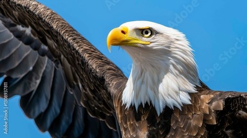 Bald Eagle Soaring With Open Wings Under Blue Skies Revealing Feather Details And Captivating Gaze
