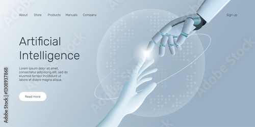 Web banner with robot hand holding processor, technology, machine learning, neural network, Artificial Intelligence (AI) landing page concept.
