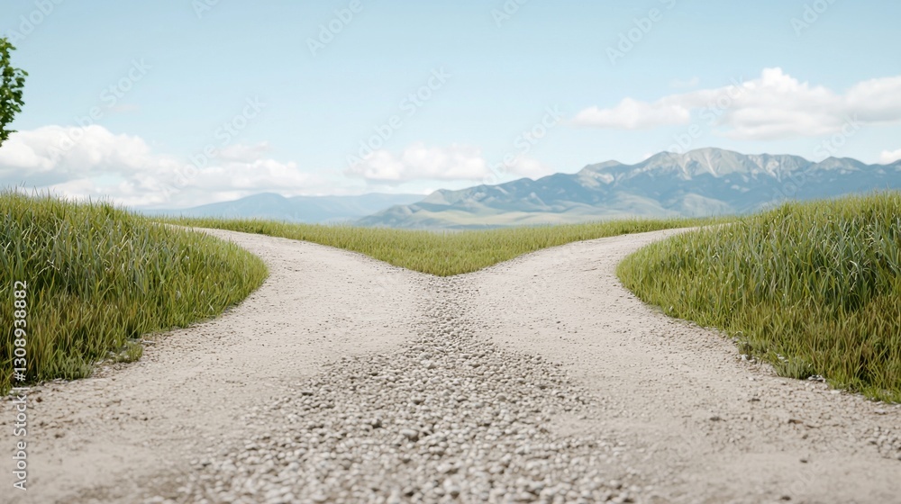 Diverging gravel paths in a grassy landscape with distant mountains and blue sky. Diverging gravel paths in a grassy landscape with distant mountains and blue sky.