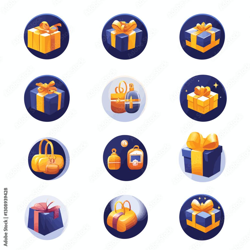 Assorted Gift Box Icon Set, Presents and Bags, Celebrations and Shopping Assorted Gift Box Icon Set, Presents and Bags, Celebrations and Shopping