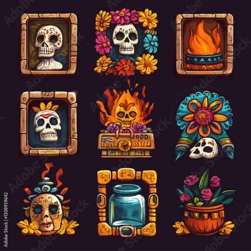 Day of the Dead Icon Set - Calaveras, Flowers, Candles, and Offerings