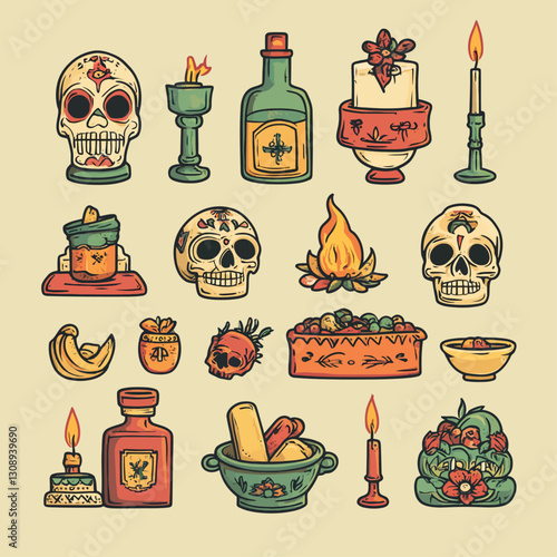Day of the Dead Illustration with Skulls, Candles, and Traditional Food