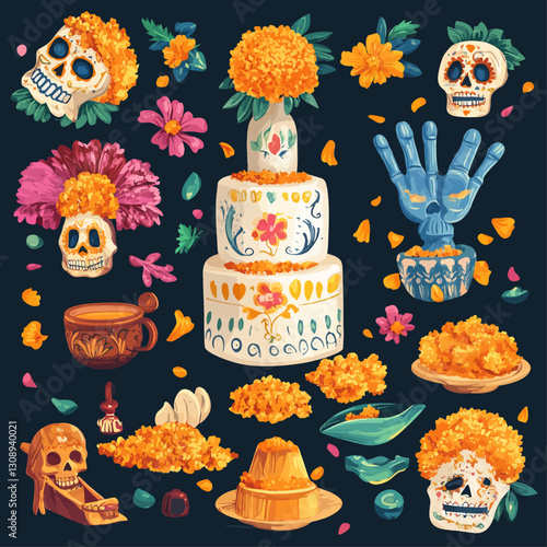 Dia de los Muertos altar with sugar skulls, marigolds, cake, and offerings