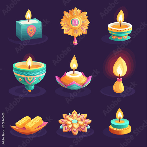 Diwali decorative candles and lights on dark backdrop for festive season