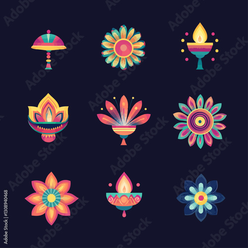 Colorful Diwali Icon Set on Dark Backdrop - Festival of Lights Elements