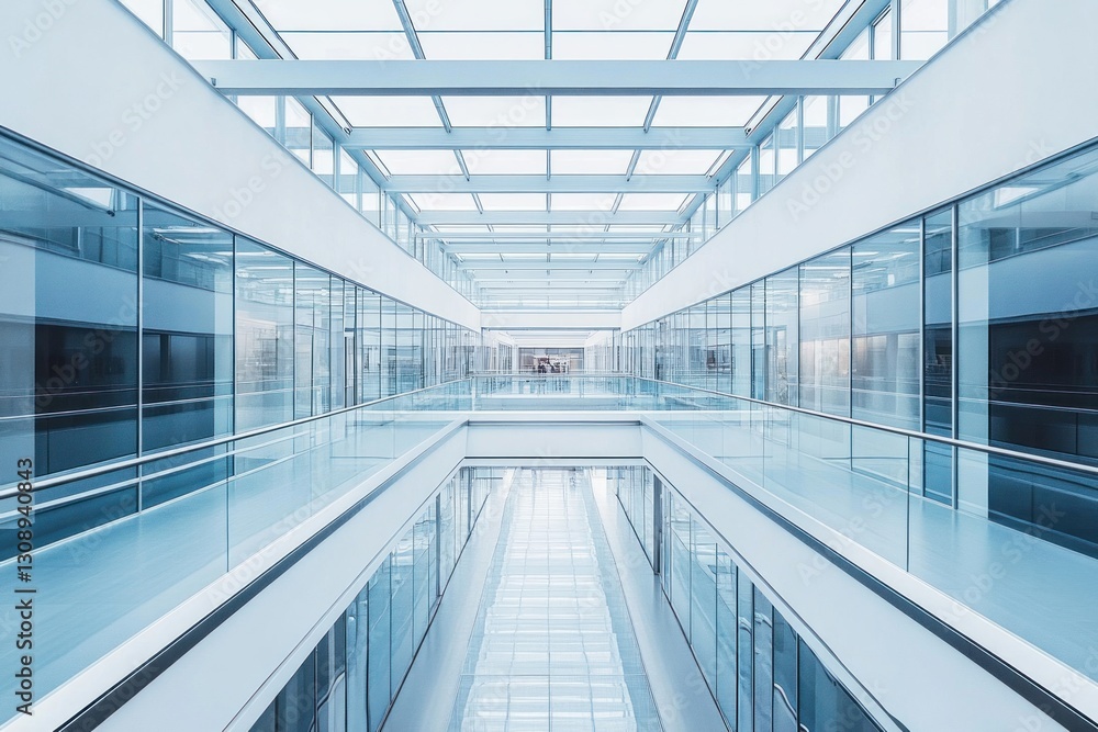 Obraz premium Modern, bright, empty office corridor with glass walls and ceilings.