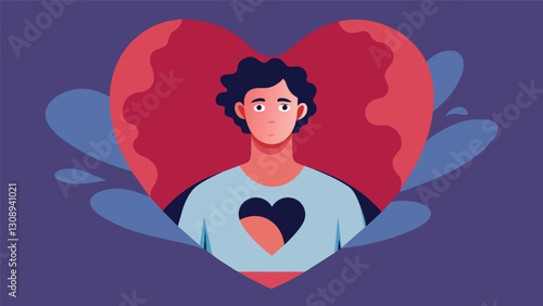 In a mixed media piece an artist paints a portrait of themselves with a large heartshaped hole in their chest symbolizing their journey of selflove. Vector illustration