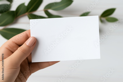 Blank card held in hand with green leaves in the background on neutral surface