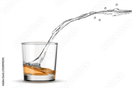 Clear liquid splashes into glass over amber liquid from height during dynamic pouring action