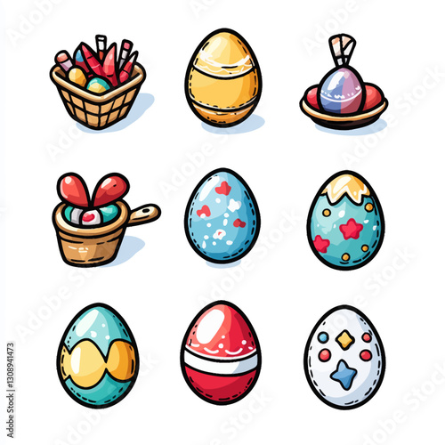Colorful Easter Eggs with Basket, Festive Decoration, Holiday Celebration