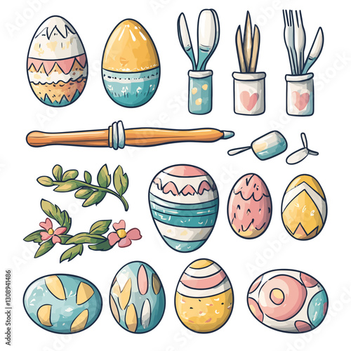 Watercolor Easter eggs, kitchen utensils, rolling pin, and floral branch