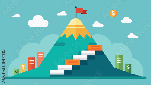 An illustration of a mountain with steps labeled budgeting consolidation and incomebased repayment leading to the peak of debtfree.. Vector illustration photo