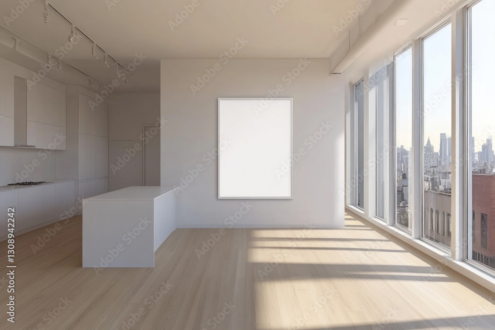 Fototapeta premium Modern, bright kitchen with blank canvas and city view.