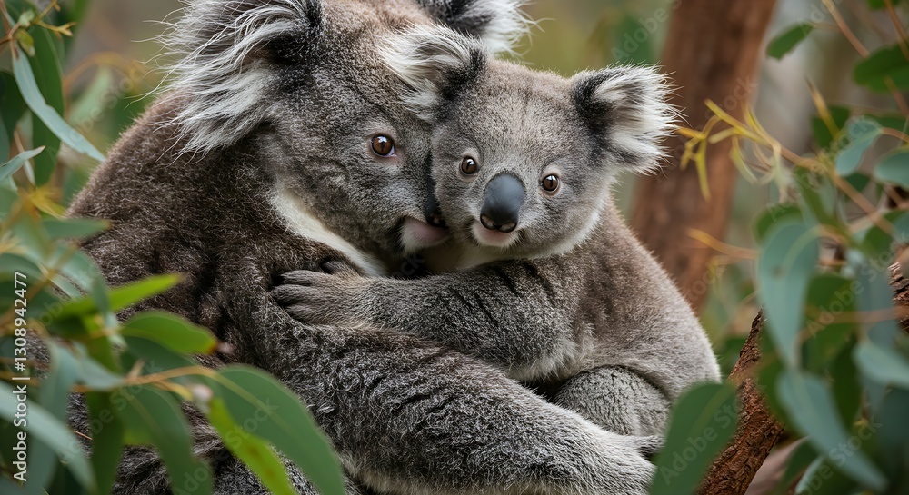 Fototapeta premium A baby koala hugging its mother while looking curiously at the camera