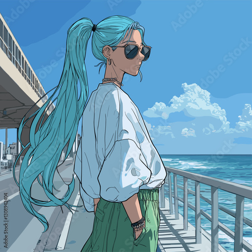 woman, long blue hair in a ponytail, sunglasses, streetwear, white and green, faint smile, walking on a boardwalk next to the ocean, blue sky

