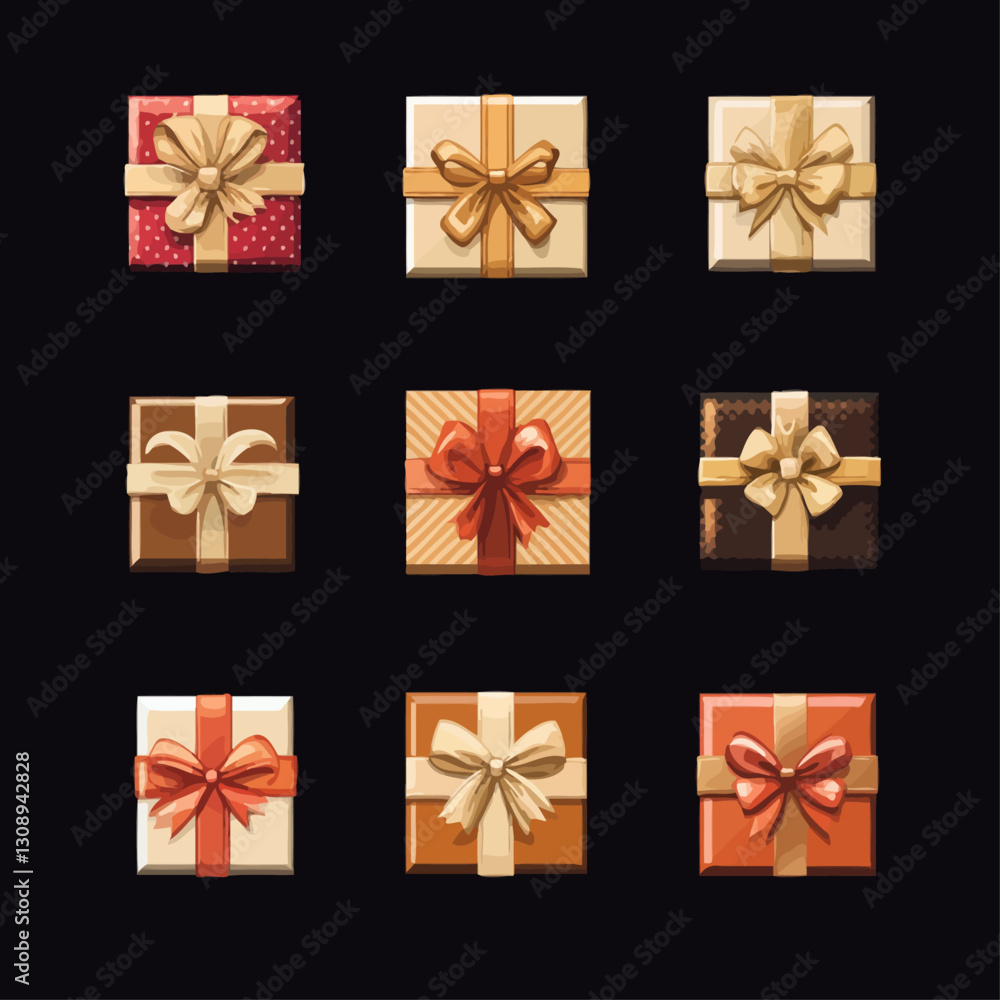 Collection of Colorful Gift Boxes with Ribbons on Black Background Collection of Colorful Gift Boxes with Ribbons on Black Background