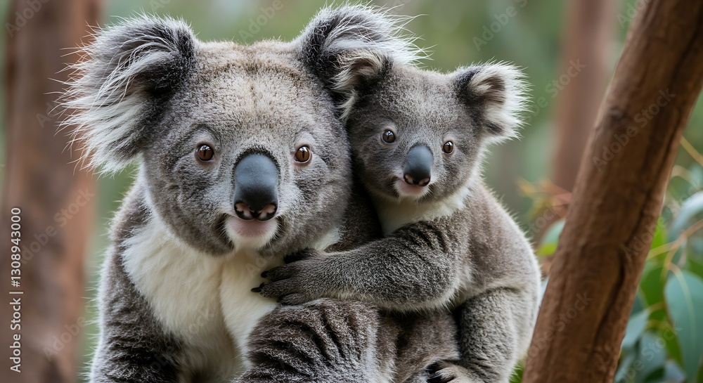 Fototapeta premium A baby koala hugging its mother while looking curiously at the camera