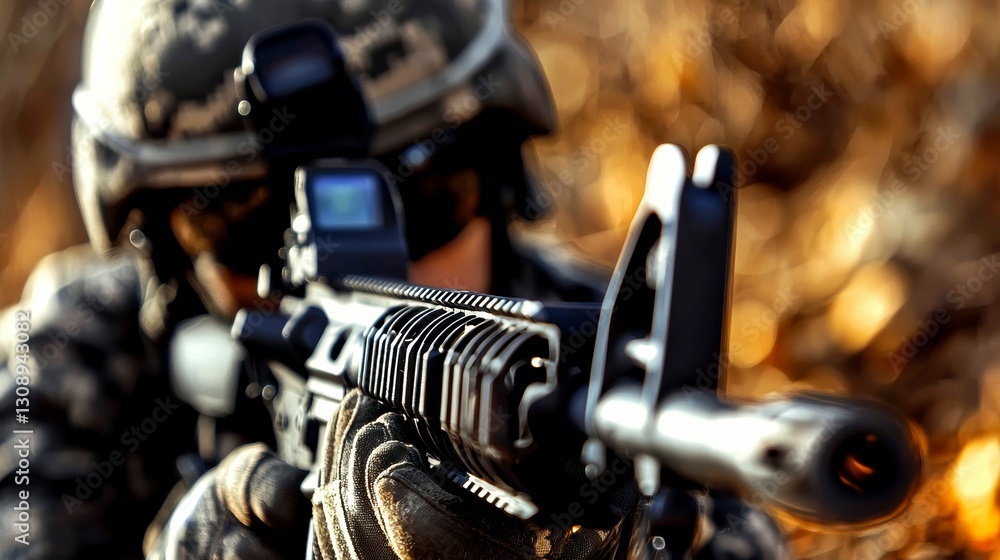 Fototapeta premium Soldier Aiming Weapon Ready for Action Military Precision and Readiness in Dynamic Battlefield Scenario