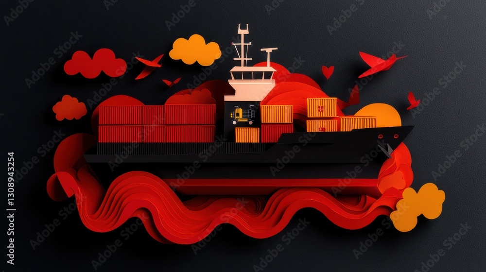 Obraz premium Container Ship Navigating Vibrant Ocean Waves in Fiery Red and Orange