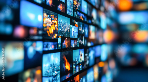 A digital collage featuring a dynamic array of small, rectangular screens displaying various colorful images