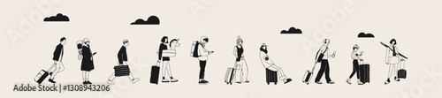 Crowd of people with suitcases are going on vacation. Trendy vector illustration.