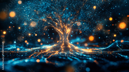 A stylized tree composed of interconnected lines and nodes, resembling a neural network or data visualization