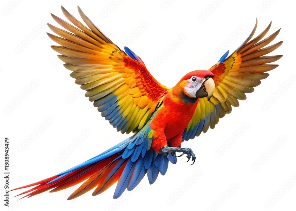 Obraz premium Colorful parrot flying through the air with its wings spread isolated on white background