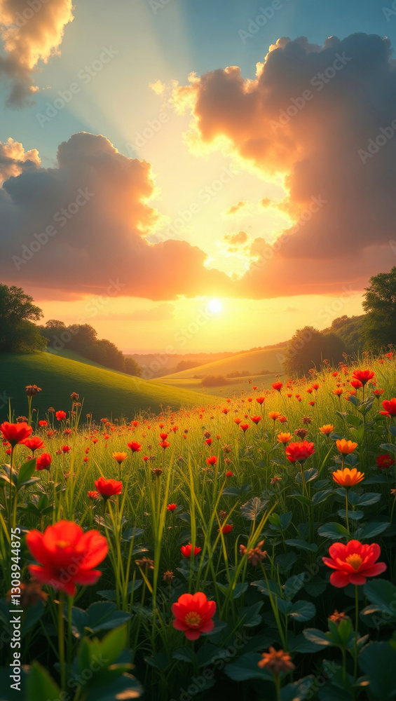 The sun rising over a serene, picturesque landscape. New Earth awakening, hope concept. The sun rising over a serene, picturesque landscape. New Earth awakening, hope concept.