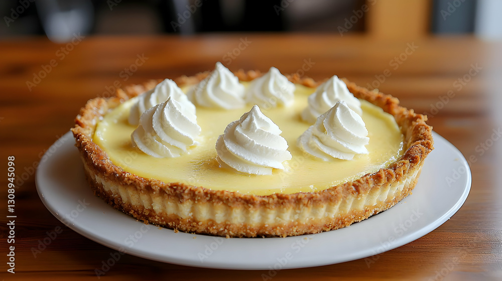Delicious Lemon Cream Pie Dessert With Whipped Cream on White Plate on Rustic Wooden Table Delicious Lemon Cream Pie Dessert With Whipped Cream on White Plate on Rustic Wooden Table