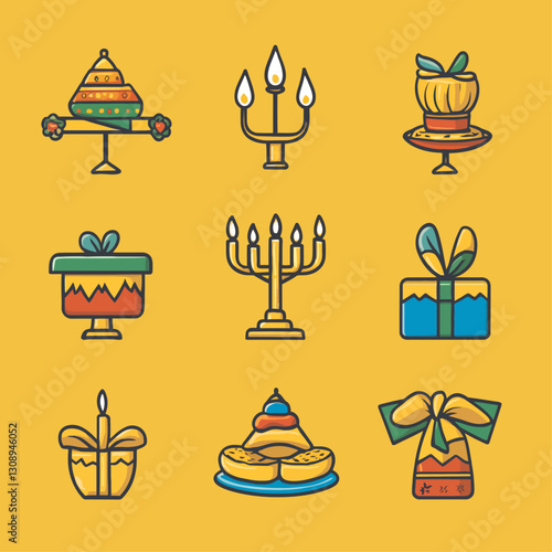 Kwanzaa Icon Set with Kinara Candles and Gifts on Gold Background