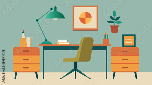 A minimalist home office dressed up with a vintage desk midcentury modern chair and retro desk lamp balancing modern and vintage elements.. Vector illustration