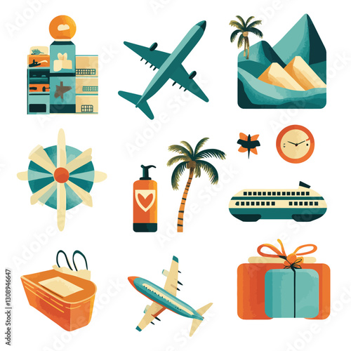 Tropical vacation concept with airplanes, cruise ship and palm trees icon